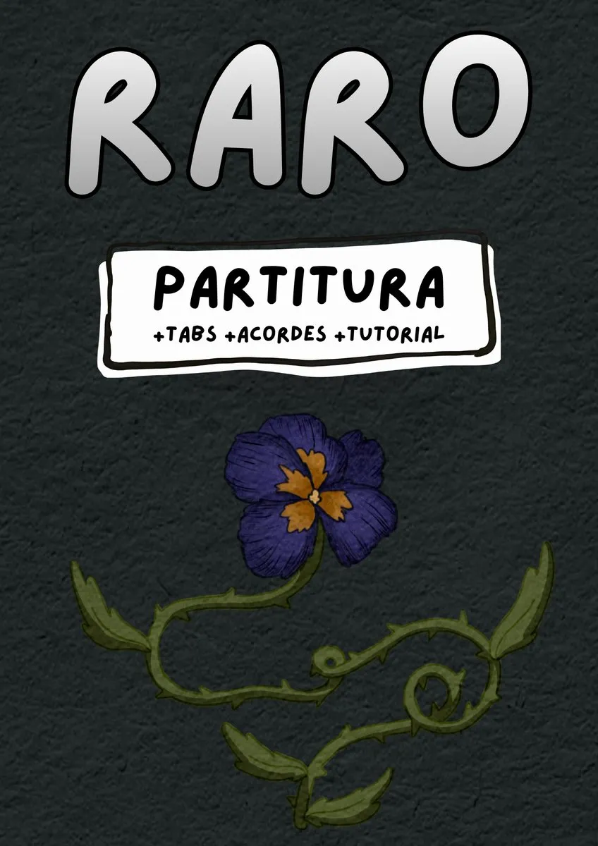 Portada de la partitura de «Raro»: el título dibujado a mano y la etiqueta "Partitura, tabs, acordes y tutorial"