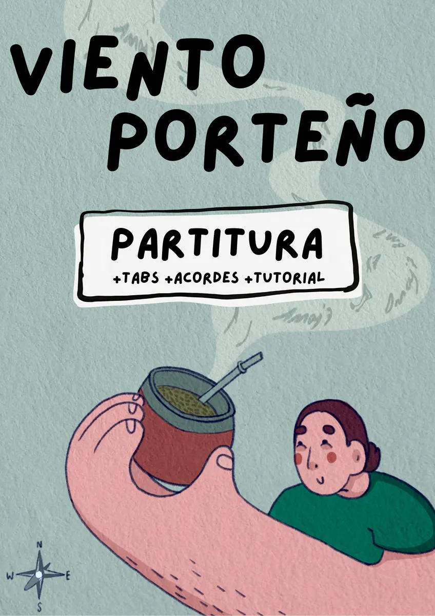 Portada de la partitura de «Viento porteño»: el título dibujado a mano y la etiqueta "Partitura, tabs, acordes y tutorial"